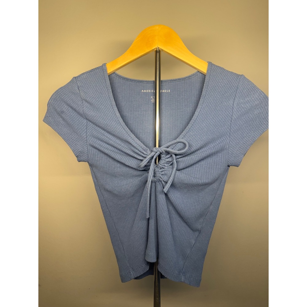 American Eagle Womens Blue Ribbed Cinched Tie Front Short Sleeve Top XS